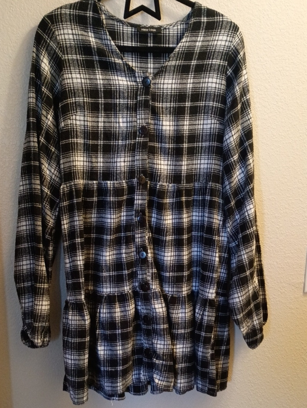 New Look Black & White Plaid Tiered Button-Front Dress